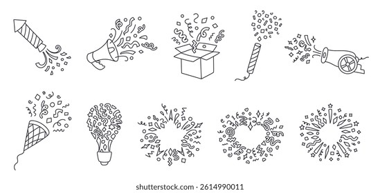Hand drawn confetti blast. Party popper doodle, celebration burst and fireworks, surprise box, cannon and frame with streamers and confetti splashes. Sketch confetti explosion vector outline icons.