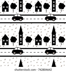 hand drawn confetti on white background simple abstract seamless vector pattern illustration with black houses, trees, road and car