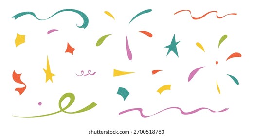 Hand drawn confetti set. Crayon sparkle icons, fireworks, twinkle spirals, doodle chalk shapes for childish birthday, carnival, kid holiday, Christmas, weeding. Grunge Isolated vector illustration.