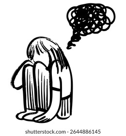 conceito de confusão desenhada à mão. Menina com cabeça de toque de ansiedade cercada por pensar Transtorno mental e caos na consciência, encontrando respostas. ilustração vetorial.