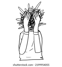 hand drawn confusion concept. people with anxiety are surrounded by thoughts Mental disorders and chaos in consciousness, find answers. vector illustration.