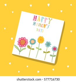 Hand drawn congratulation card with creative flowers on yellow background. Happy women's day