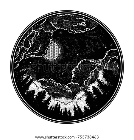 Hand drawn coniferous forest and the starry night sky with moon.Isolated Vector illustration. Invitation element.Tattoo,travel,adventure,meditation symbol.