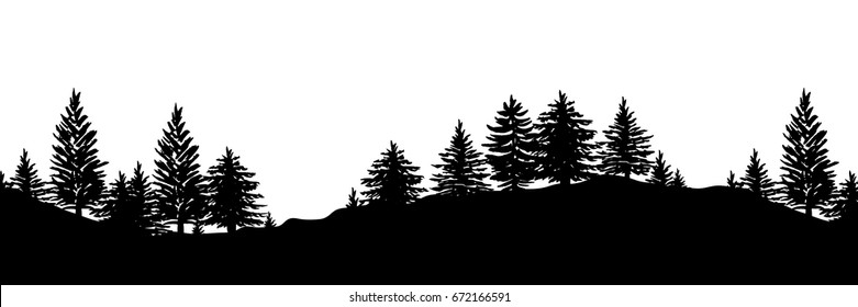 Hand drawn coniferous trees silhouettes background vector illustration. Horizontal abstract banner of hills covered with wood in black and white.