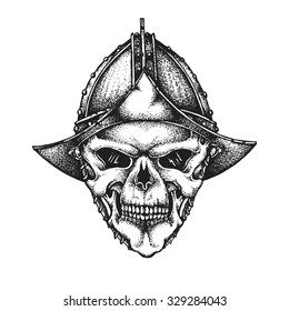 Hand drawn conquistador skull in helmet. Vector illustration