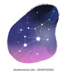 Constelação desenhada à mão sobre fundo cósmico em estilo gráfico celeste com estética mística