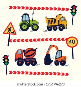 Dibujaron autos de construcción a mano en la carretera, trabajos de reparación. tractor con ruedas, camión de volcado, coche mezclador de hormigón, excavadora. Ilustración vectorial de niños pequeños.