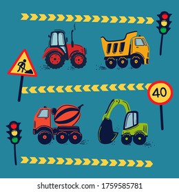 Hand drawn construction cars on the blue background with road signs of repair works. Wheeled tractor, dump truck, concrete mixer car, excavator. Cute kids vector illustration.