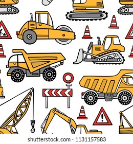 
Hand drawn construction cars seamless vector pattern on white background. 
