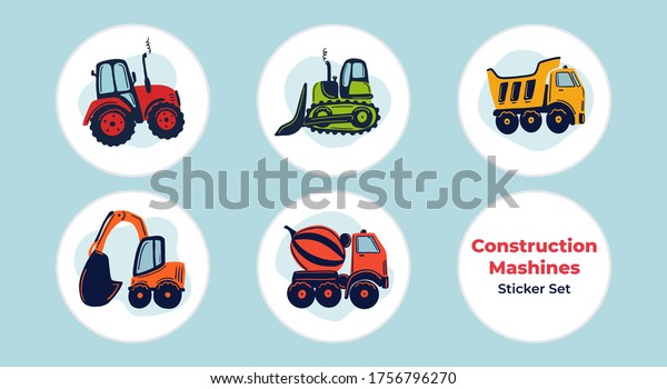Hand drawn construction cars sticker\
pack collection. Wheeled tractor, dump truck, concrete mixer car,\
excavator, bulldozer. Cute kids vector\
illustration.