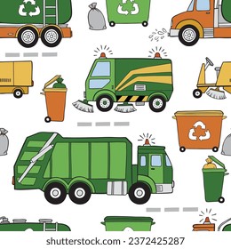 Hand drawn construction garbage trucks, street cleaning trucks and trash bins. Perfect for textile, wallpaper or print design.