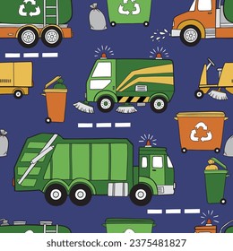 Hand drawn construction garbage trucks, street cleaning trucks and trash bins. Perfect for textile, wallpaper or print design.