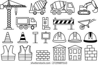 Hand Drawn Construction Icons Set. Doodle Building Equipment and Safety Tools, Vector illustration