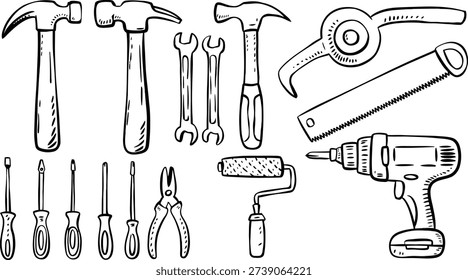 Hand drawn construction tool set with hammer drill and screwdriver doodle vector illustration
