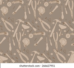 Hand drawn construction tools. Cutter, screwdriver, pliers, adjustable wrench, bolt, screw, nut, scotch tape, measuring tape, hammer, dowel nail. Vector doodle  set