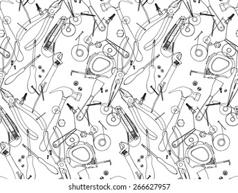 Hand drawn construction tools on craft paper. Cutter, screwdriver, pliers, adjustable wrench, bolt, screw, nut, scotch tape, measuring tape, hammer, dowel nail. Vector doodle  set