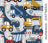 Hand drawn construction trucks and bulldozers seamless vector pattern. Perfect for textile, wallpaper or print design.