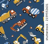 Hand drawn construction trucks and bulldozers seamless vector pattern. Perfect for textile, wallpaper or print design.