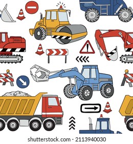 Hand drawn construction trucks and bulldozers seamless vector pattern. Perfect for textile, wallpaper or print design.