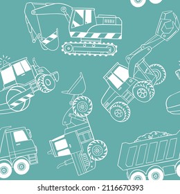 Hand drawn construction trucks and bulldozers seamless vector pattern. Perfect for textile, wallpaper or print design.