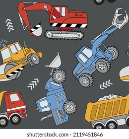 Hand drawn construction trucks and bulldozers seamless vector pattern. Perfect for textile, wallpaper or print design.