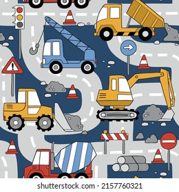 Hand drawn construction trucks and bulldozers seamless vector pattern. Perfect for textile, wallpaper or print design.