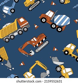 Hand drawn construction trucks and bulldozers seamless vector pattern. Perfect for textile, wallpaper or print design.