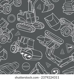 Hand drawn construction trucks and bulldozers seamless vector pattern. Perfect for textile, wallpaper or nursery print design.