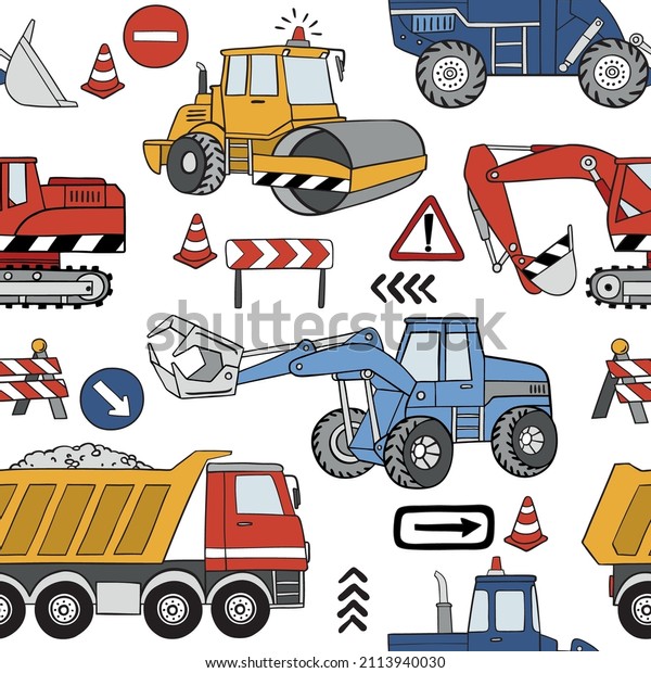 Hand\
drawn construction trucks and bulldozers seamless vector pattern.\
Perfect for textile, wallpaper or print\
design.
