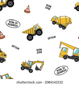 Hand drawn construction trucks seamless pattern print vector