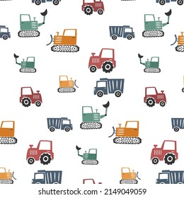 hand drawn construction trucks seamless vector illustration