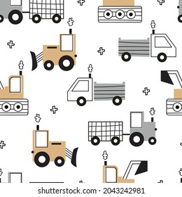 Hand drawn construction vehicles tractor seamless pattern on white background Cute design cartoon style. used for printing wallpaper, fabric, textile, fashion vector illustration