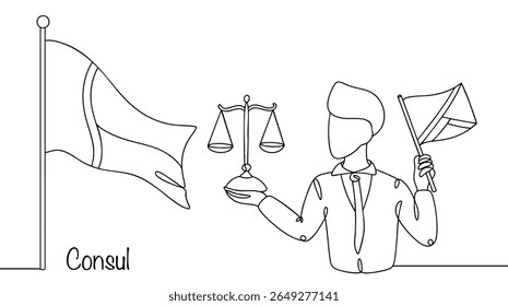 Cônsul desenhado à mão. Um representante oficial de um Estado em outro Estado que ajuda a proteger os direitos e interesses dos cidadãos de seu país no exterior. Ilustração de vetor simples para usos diferentes.