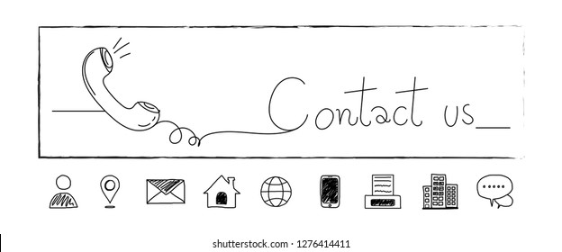 Hand Drawn Contact Icons. Address,fax,phone,email,location,mail,website. Line Doodle. Contact Us. Art And Sketch Design. Banner Symbol. Vector Illustration For Your Graphic Design.