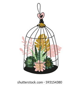 Hand drawn contained tropical house plants. Vector print design - bird's cage with tropical plants.