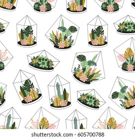 Hand drawn contained tropical house plants. Scandinavian style seamless pattern. Vector print design - terrariums with exotic plants.