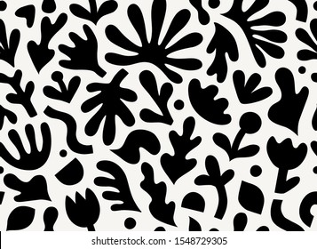 Hand drawn contemporary art collage with abstract floral shapes. Vector seamless pattern with modern Scandinavian cut out elements.