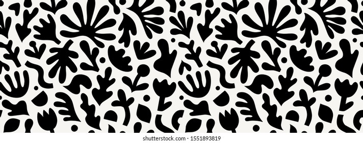 Hand drawn contemporary art collage with abstract floral shapes. Vector seamless pattern with modern Scandinavian cut out elements.