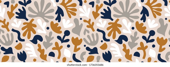 Hand drawn contemporary art collage with abstract floral shapes. Vector seamless pattern with modern Scandinavian cut out elements.
