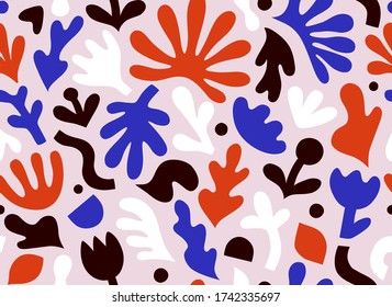 Hand drawn contemporary art collage with abstract floral shapes. Vector seamless pattern with modern Scandinavian cut out elements.
