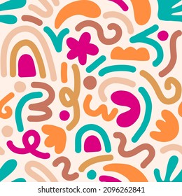 Hand drawn contemporary art collage with multicolor abstract shapes. Vector seamless pattern with modern Scandinavian cut out elements.