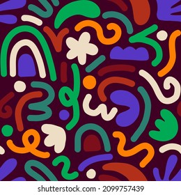 Hand drawn contemporary art collage with multicolor abstract shapes. Vector seamless pattern with modern Scandinavian cut out elements.