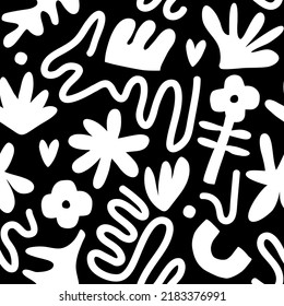 Hand drawn contemporary art collage with abstract shapes and flowers. Vector seamless pattern with modern Scandinavian cut out elements.