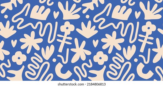 Hand drawn contemporary art collage with abstract shapes and flowers. Vector seamless pattern with modern Scandinavian cut out elements.