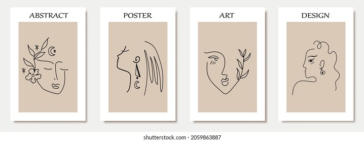 Hand drawn contemporary art posters. Abstract inspired faces shapes for decoration. Modern print set.