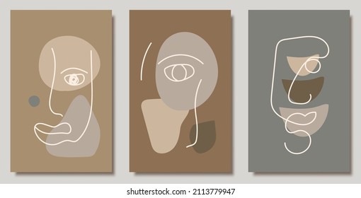 Hand drawn contemporary art posters. Abstract inspired faces shapes for decoration. Modern print set.