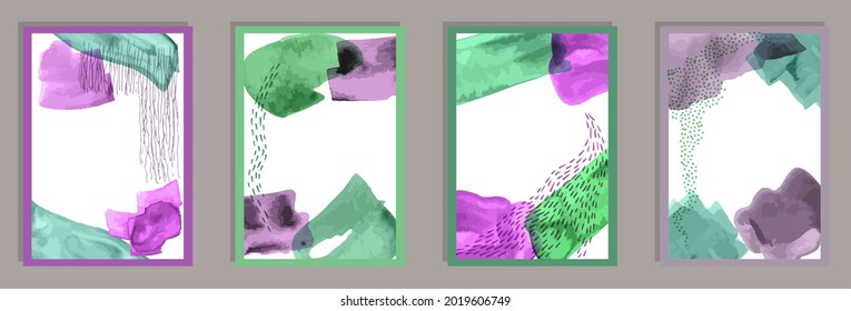 Hand drawn contemporary canvas vector set. Watercolor stains backgrounds. Japanese style prints. Youth wall poster layouts. Brush stroke elements.