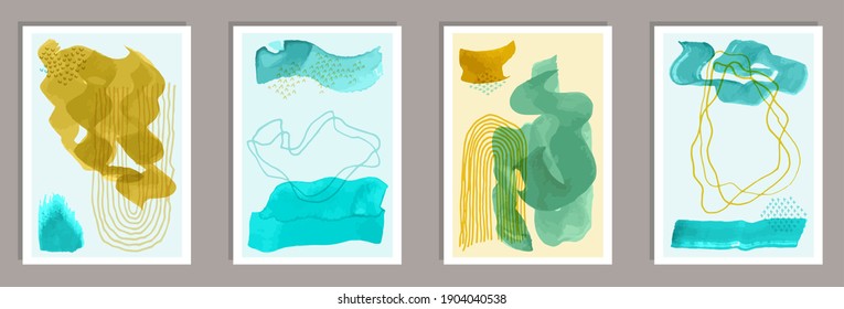 Hand drawn contemporary covers vector collection. Watercolor smears texture. Nordic style frames. Stylish banner templates. Doodle elements.
