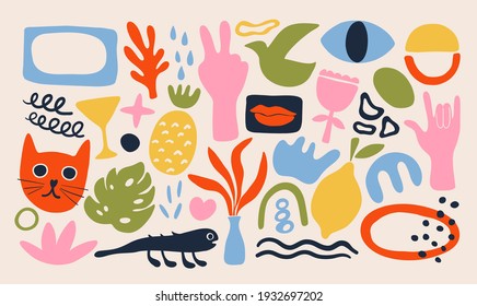 Hand drawn contemporary floral and animal shapes. Bright cartoon doodle objects, trendy scribbles, vibrant colored abstraction in vector 