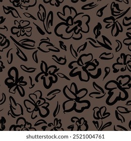 Hand drawn, contemporary flowers with leaves seamless repeat pattern on black background. Random placed, vector abstract floral all over surface print.